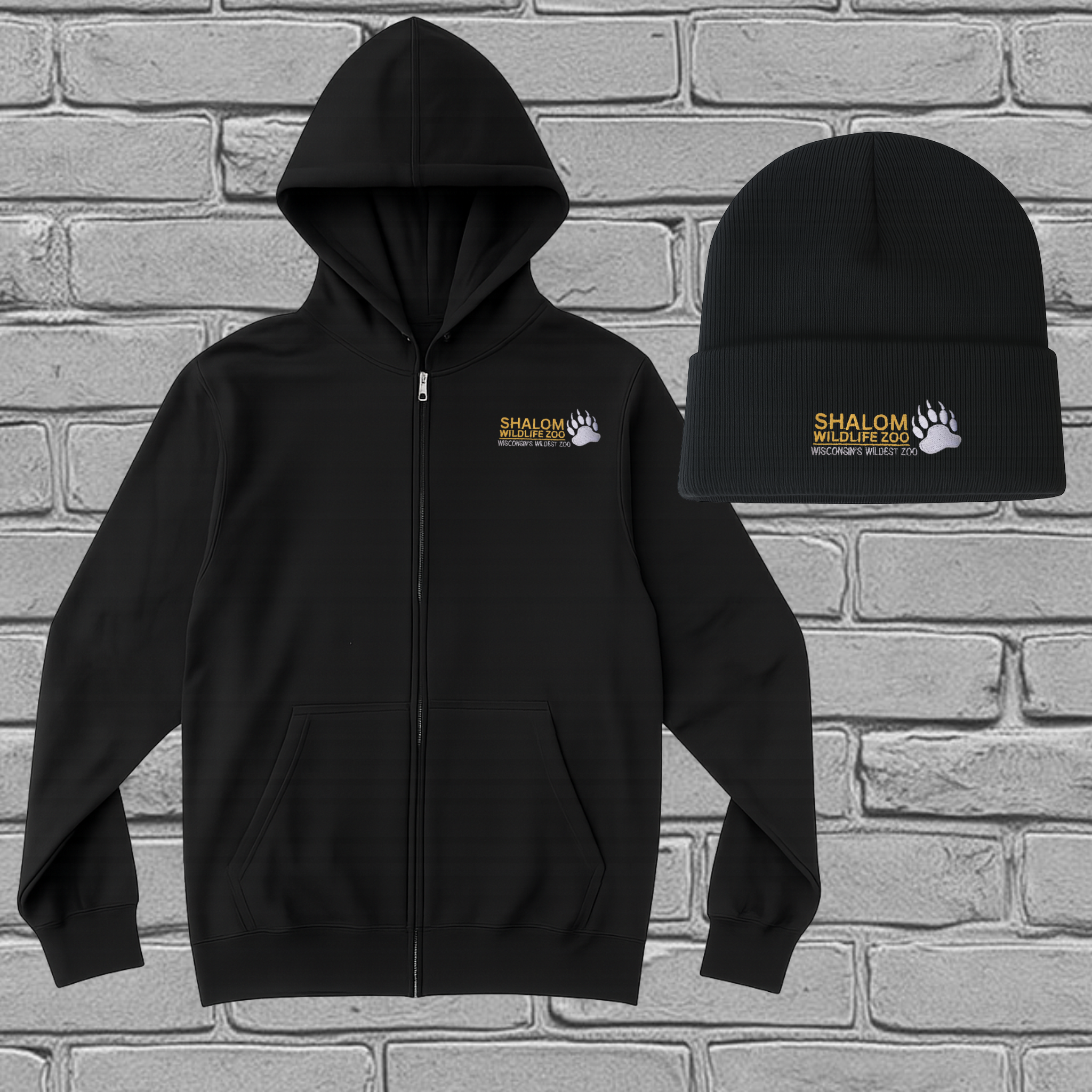 Black Embroidered Essentials Set — Zip-Up Hoodie & Beanie (Silver