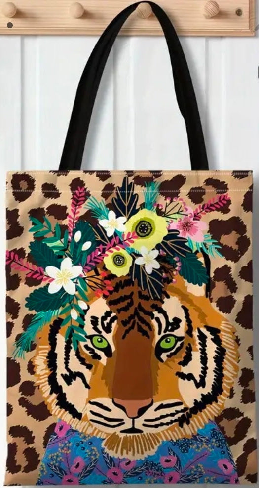 Floral Tiger Tote Bag – Leopard Print Wildlife Reusable Bag