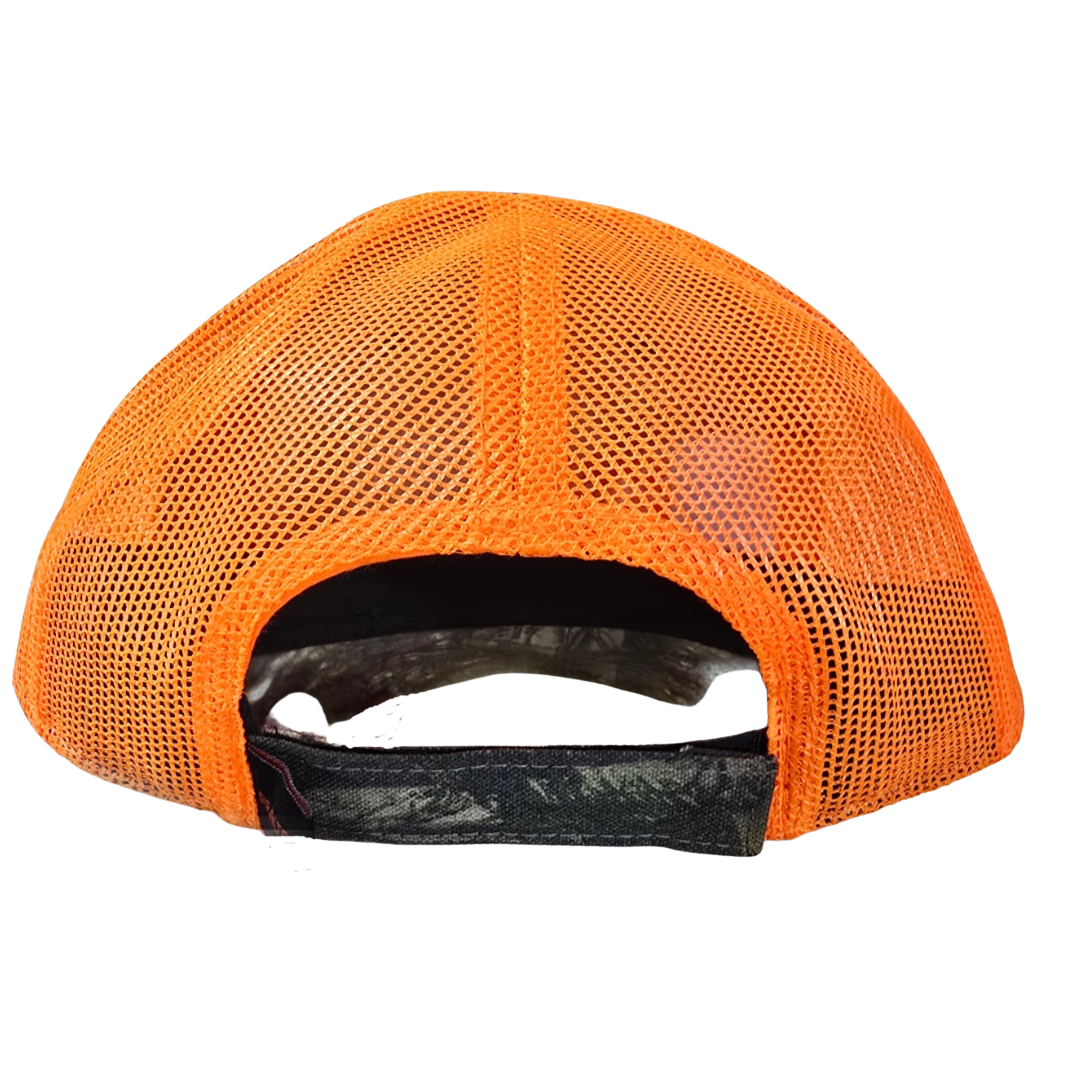 Shalom Wildlife Zoo Camo Trucker Hat – Orange Mesh Snapback Cap with Embroidered Paw Print – Wisconsin’s Wildest Zoo Merchandise