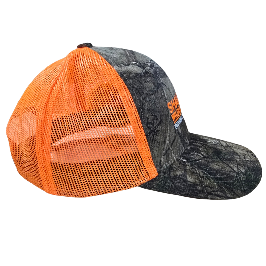 Shalom Wildlife Zoo Camo Trucker Hat – Orange Mesh Snapback Cap with Embroidered Paw Print – Wisconsin’s Wildest Zoo Merchandise