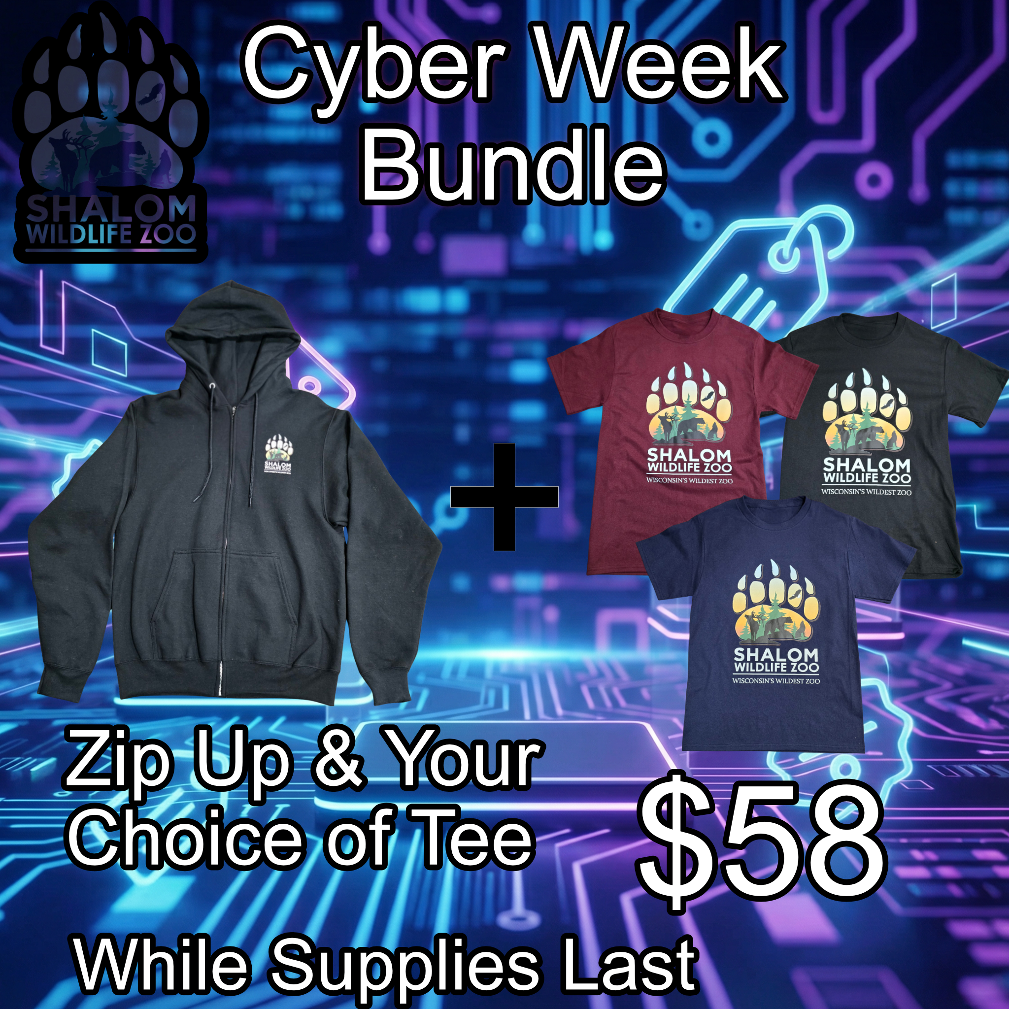 ⚡ Cyber Week Bundle – Black Zip-Up + Your Choice of Logo Tee – Only $58!