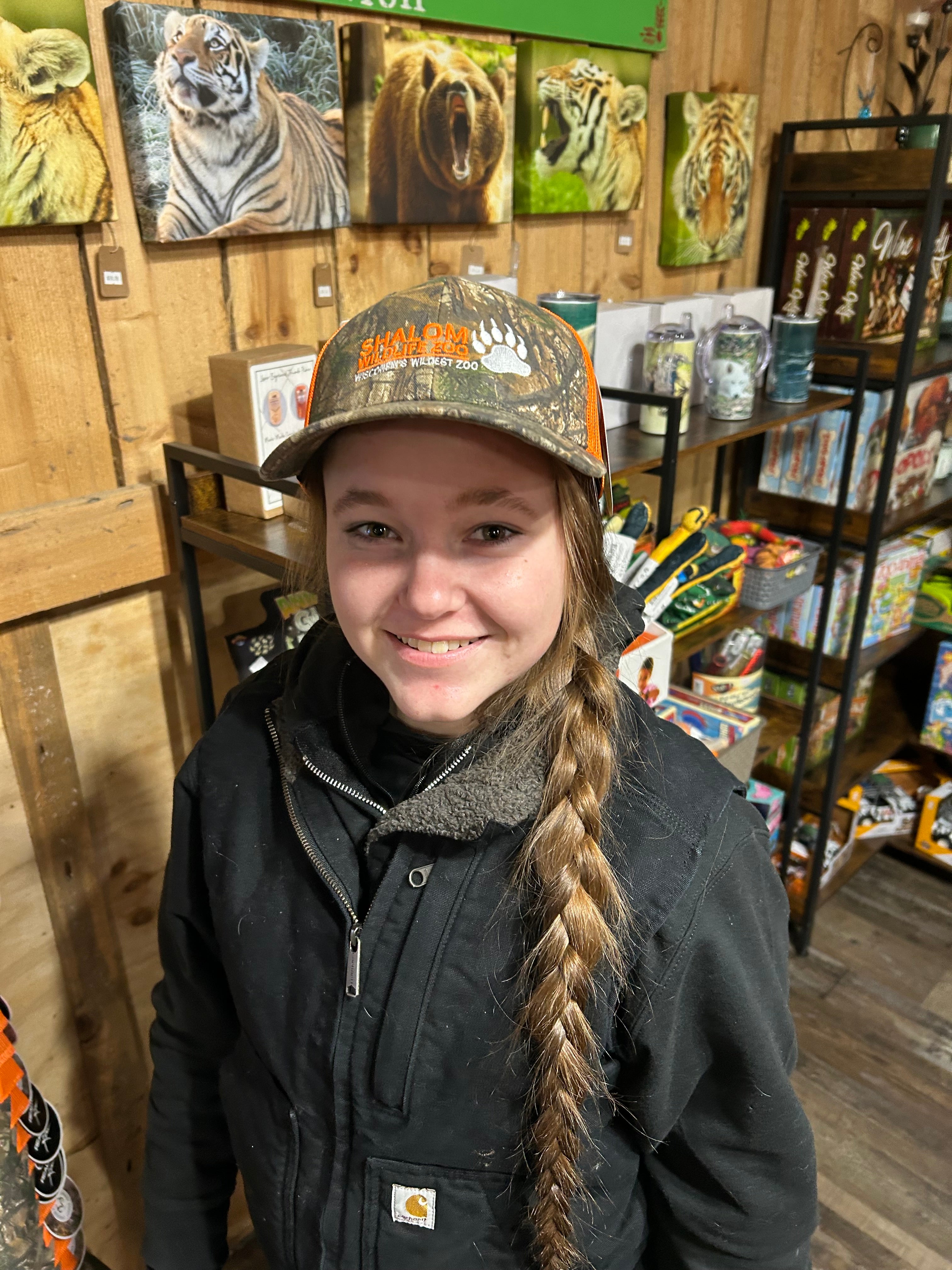 Shalom Wildlife Zoo Camo Trucker Hat – Orange Mesh Snapback Cap with Embroidered Paw Print – Wisconsin’s Wildest Zoo Merchandise