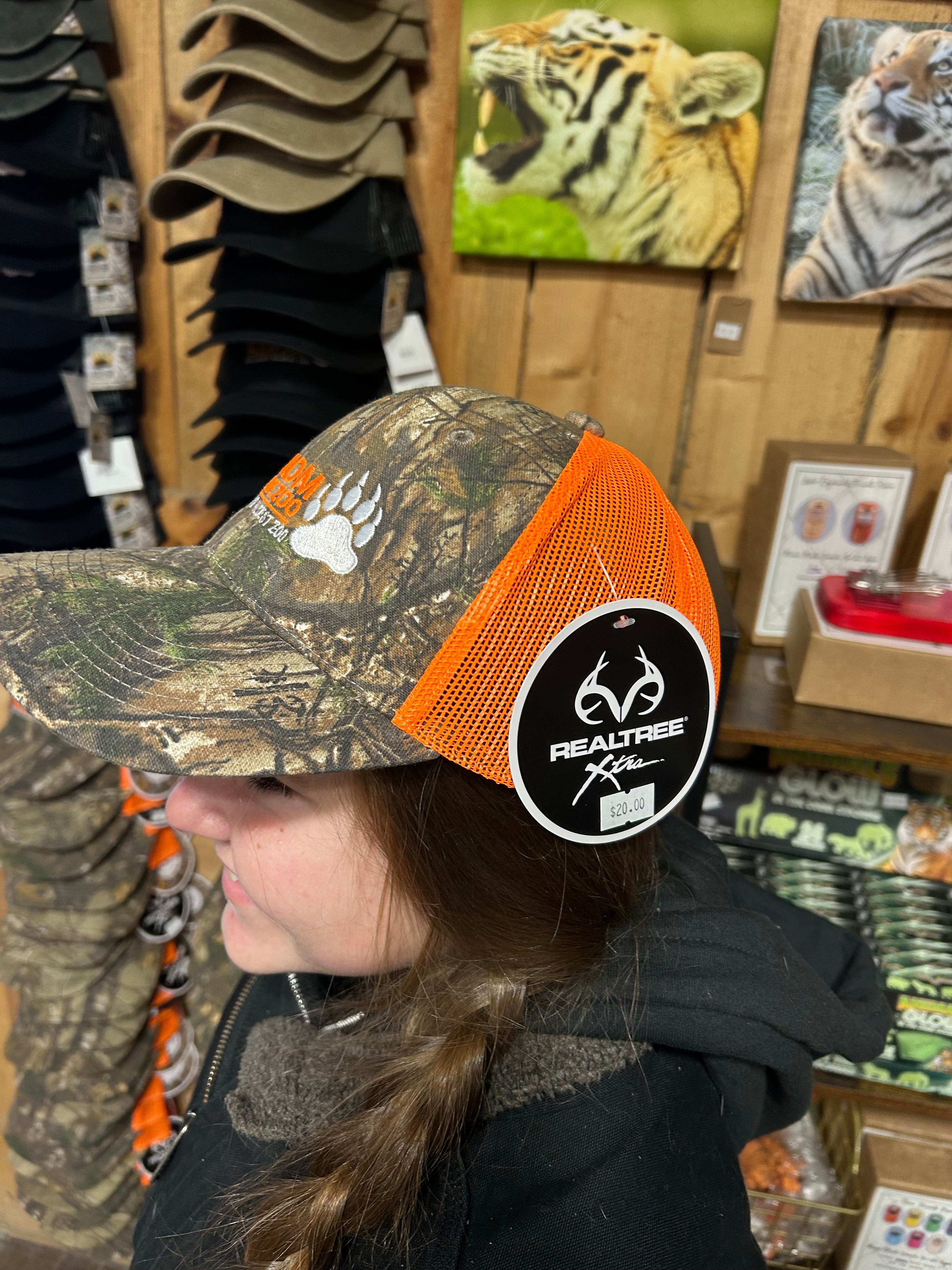 Shalom Wildlife Zoo Camo Trucker Hat – Orange Mesh Snapback Cap with Embroidered Paw Print – Wisconsin’s Wildest Zoo Merchandise