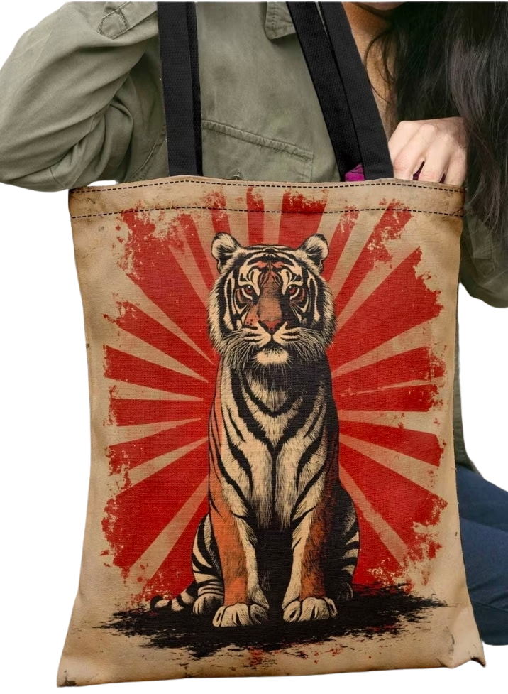Vintage Rising Sun Tiger Tote Bag – Retro Wildlife Reusable Canvas Bag