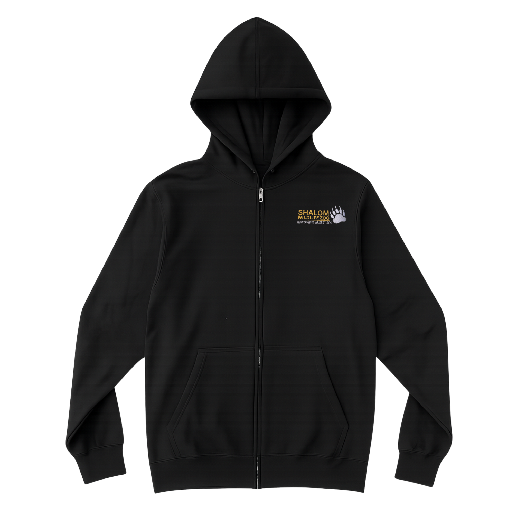 Shalom Wildlife Black Zip-Up Hoodie – Gold Logo Embroidery & Silver Paw Accent (Limited Edition)